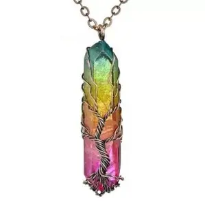Rainbow Healing Energy Crystal Necklace with Tree of Life, 7 Chakra