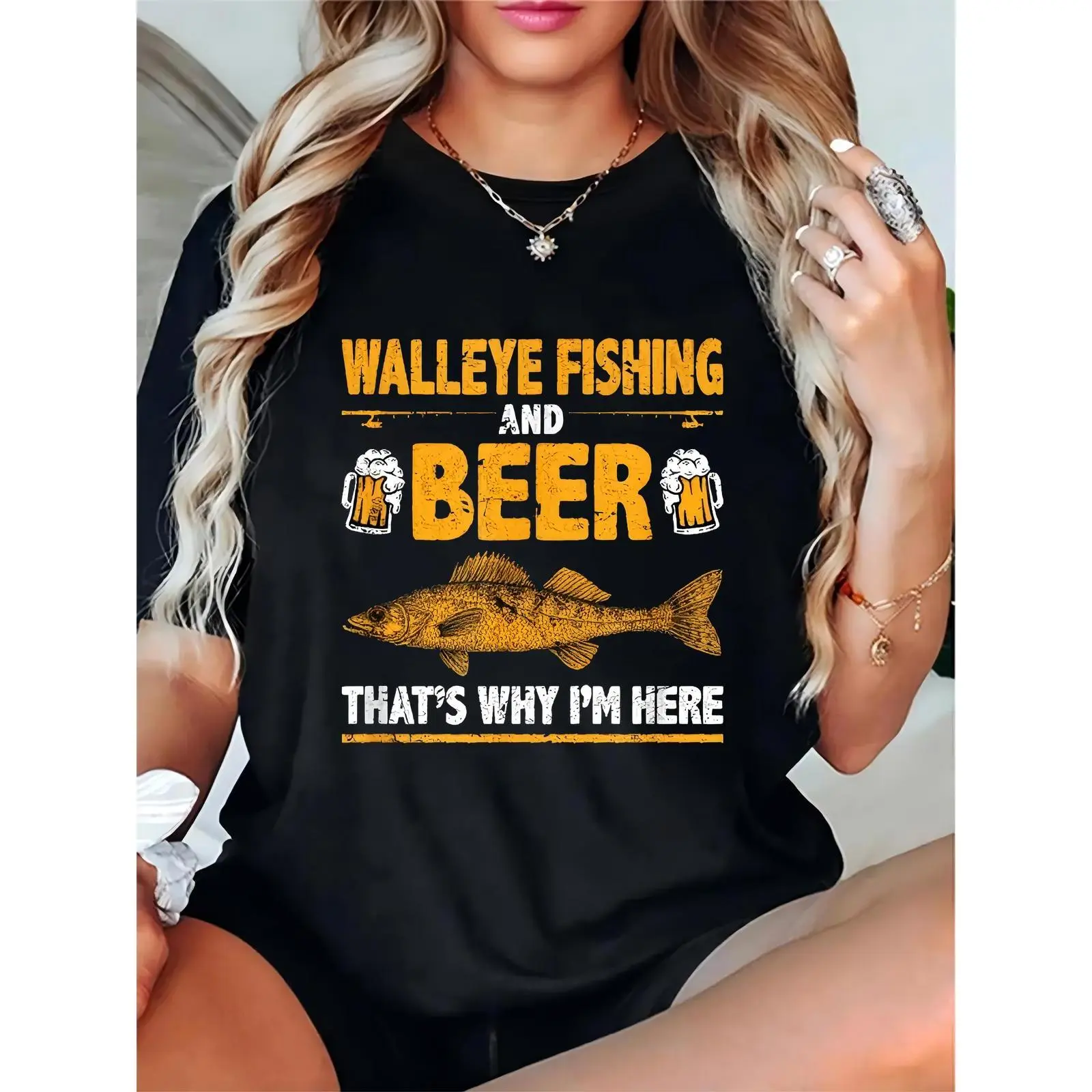 Women's Walleye Fishing & Beer Graphic T-Shirt, "That's Why I'm Here" Vintage Walleye Fish & Beer Mugs Print, Casual Angler & Beer Lover Tee for Fishing Trips & Brewery Outings 100% Cotton T-shirt