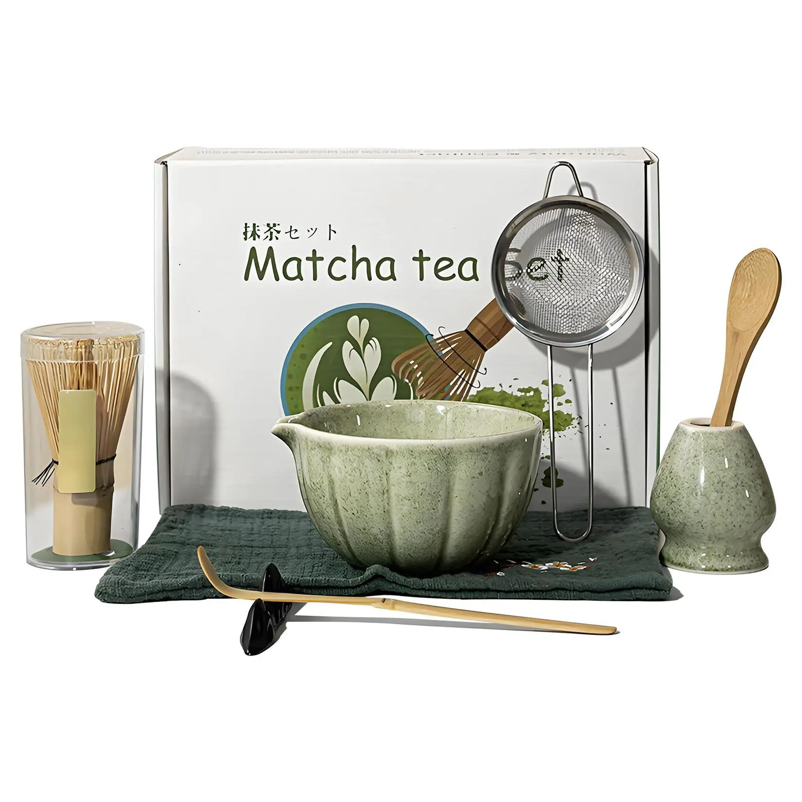 6-Piece Mottled Green Ceramic Matcha Set with Bowl, Bamboo Whisk, Scoop, Sifter, Chasen Holder and Brush