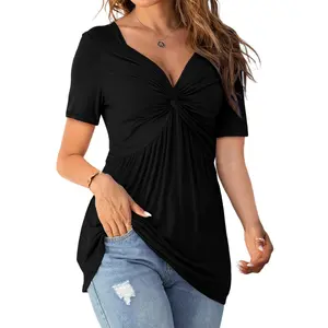 PiePieBuy Womens Plus Size Tops Long Sleeve V Neck T Shirts Sexy Criss Cross T-Shirt Casual Loose Cotton Tees， Black， Large Denim Hip Length