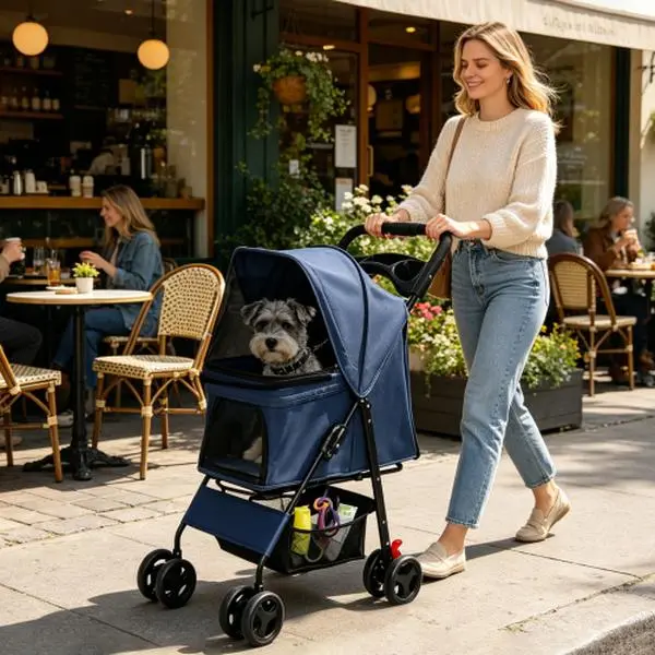 [Bellemave]Foldable Pet Stroller for Small Dogs and Cats Under 28 lbs with Multi-Functional Tray, 2 Safety Leashes, Storage Basket & Breathable Mesh, 4 Wheels Pet Stroller, Blue