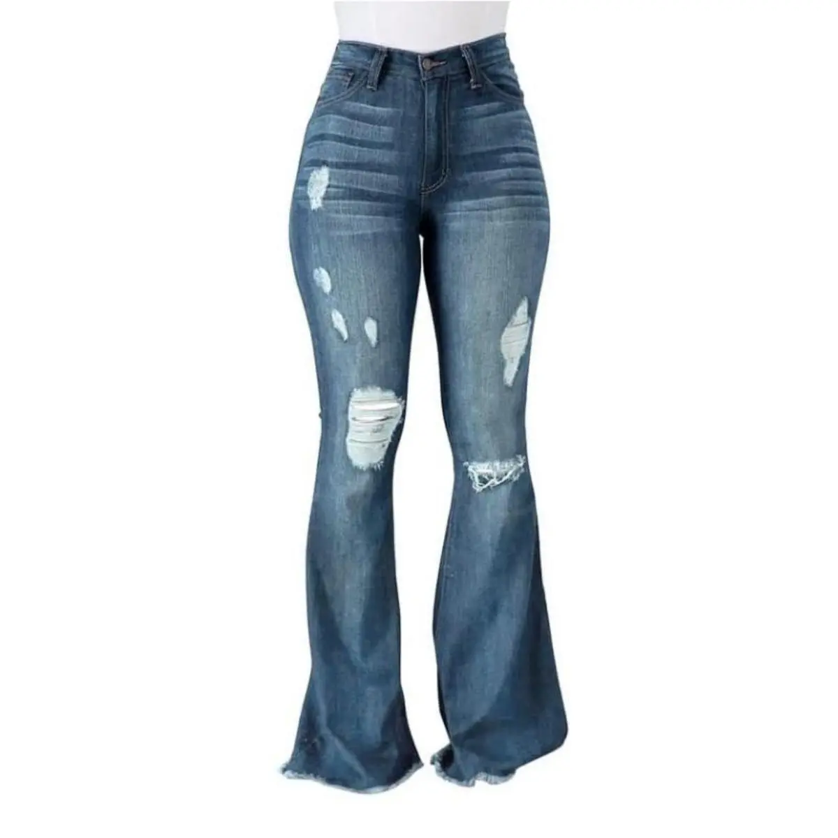 Madison Vogatiques Ripped Distressed Mid Rise Flare Jeans for Women Denim Pants Fabric Womenswear Bell Bottom Comfortable Hip Outdoor Underwear Trouser Lady Streetwear