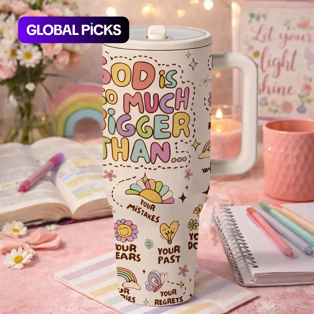1pc 40oz Christian Faith Tumbler Drinkware with Handle and Lid, Stainless Steel Vacuum Insulated Travel Tumbler Flasks, "God Is So Much Bigger Than Your Mistakes Fears Past Regrets", Keeps Cold 12H Hot 6H, Gift For Women #GLOBAL PICKS