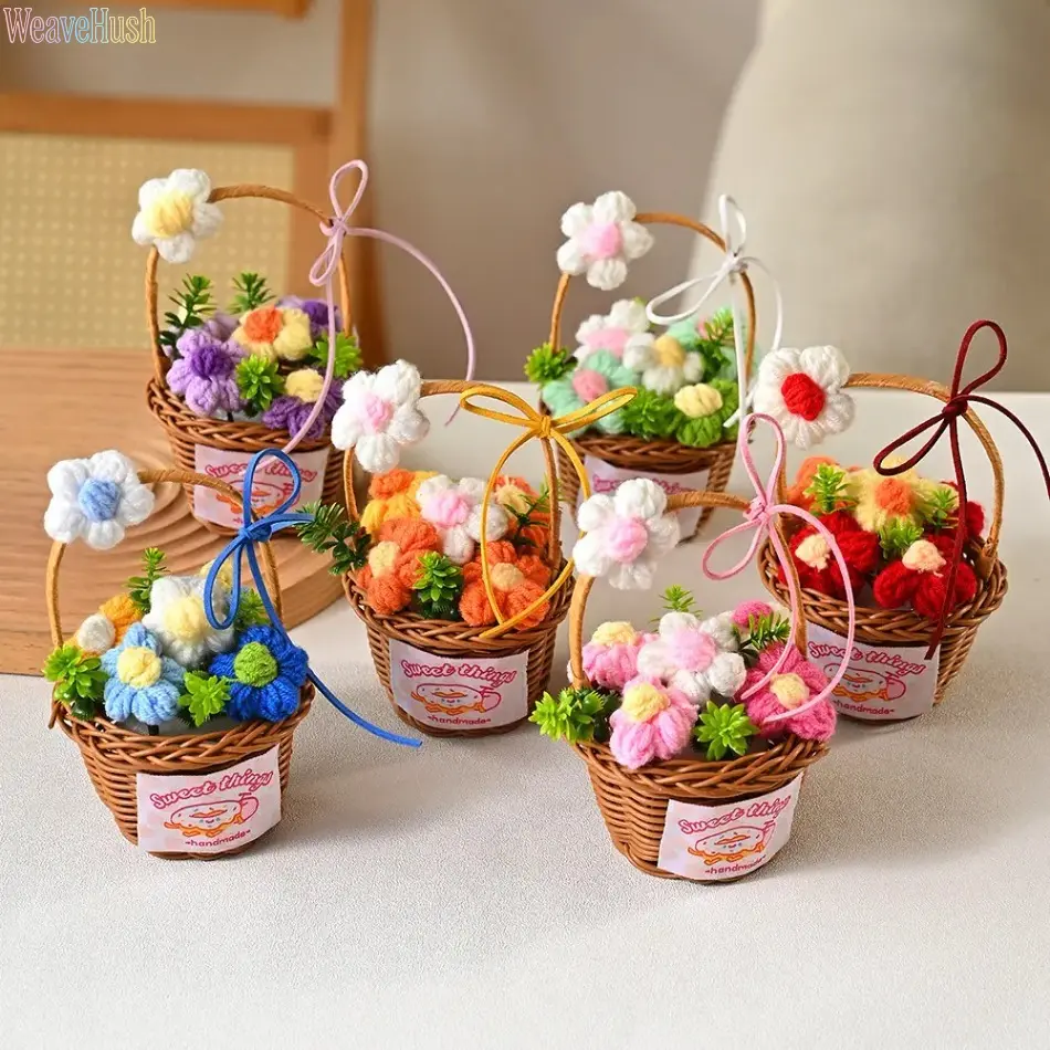 1-2PC Handmade Crochet Flower Bouquet with Decorative Basket, Soft Knitted Artificial Potted Plants, Aesthetic Forever Floral Indoor Recreation Space Home Decor, Thoughtful Mother's Day Gift for Mom, Flowers