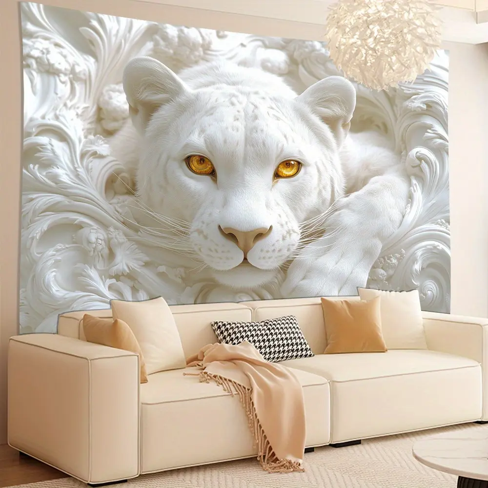 Vintage 3D White Tiger Polyester Tapestry - 1 Sheet Decorative Home Supply, Synthetic Animal Wall Hanging, Power-Free, Feather-Free Multi-Purpose Indoor Decor, Housewarming Gift for Living Room