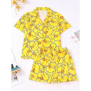 Tanyun Summer Pajamas Girls Boys Short-Sleeved Cardigan Flame-Retardant Cartoon Little Yellow Duck Print Two-Piece Homewear Set