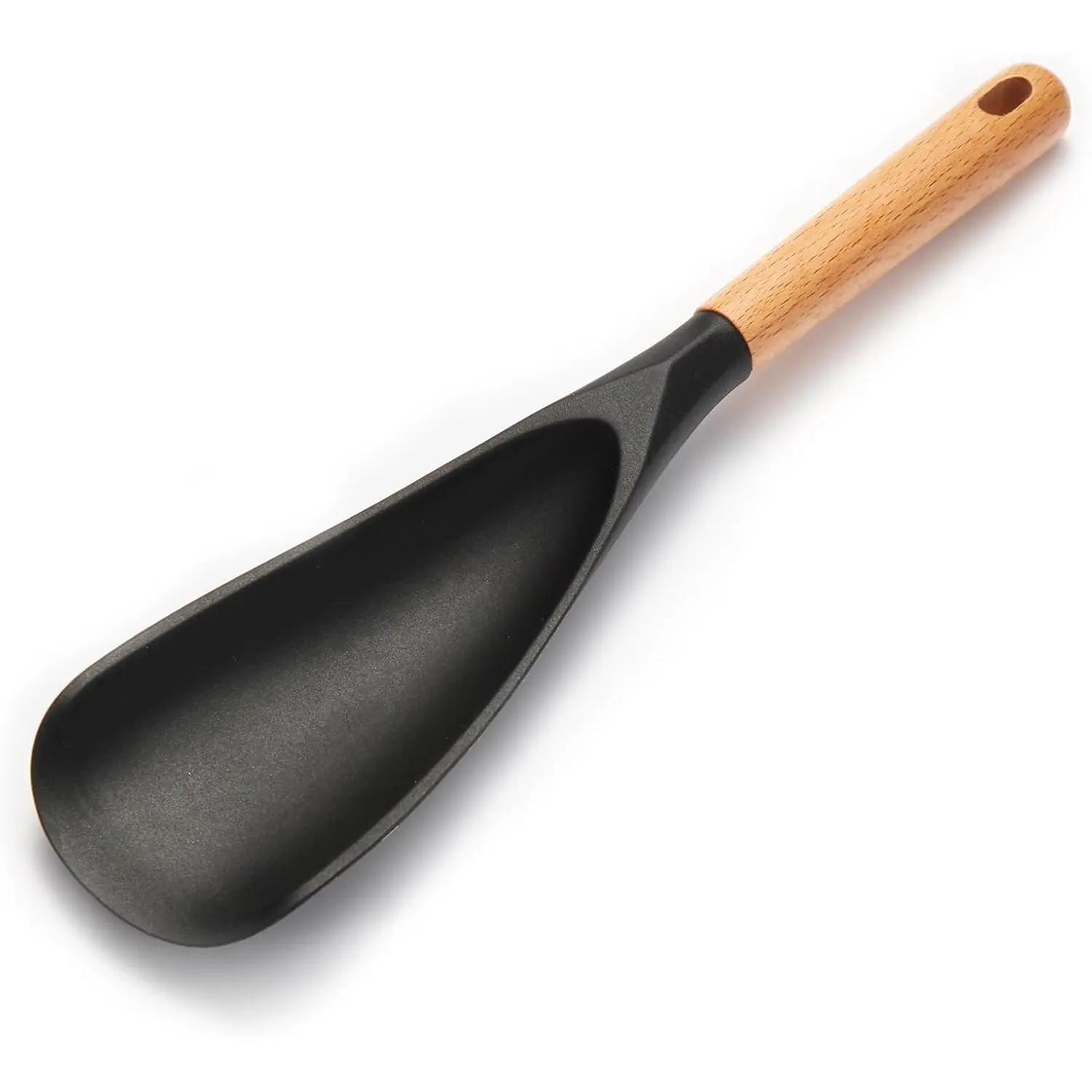 Cooking Spoon for Nonstick Cookware - Wooden Handle Kitchen Spoon for Mixing, Flipping, Scraping & Serving - Heat-Resistant Spatula for Baking, Stirring (11.4'' Black 1-Pcs)