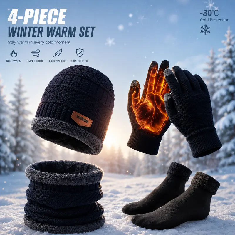 4-Piece Sports & Outdoor Full-Set Warmth Insulation Set - Fleece-Lined Knit Hat, Neck Cover, Touchscreen Gloves, Thick Socks