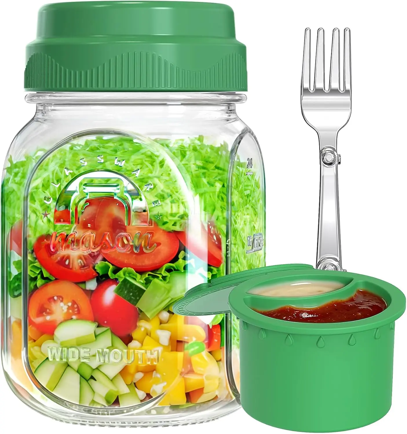32 Oz Glass Salad Jar with Silicone Dressing Cup & Foldable Fork | Leakproof Salad Container for Lunch Meal Prep with Dressing Cup,Wet Dry Separation,Ideal for Salads,Meal Prep,Overnight Oats Syntic