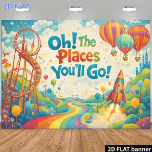 2D Flat Banner 1pc, Balloon Wall Decoration Backdrop with "One! Great Adventure Here We Come!" Text & Hot Air Balloons - Multicolor Suitable for Birthdays, Weddings, Graduations, Spring Parties - Durable Indo