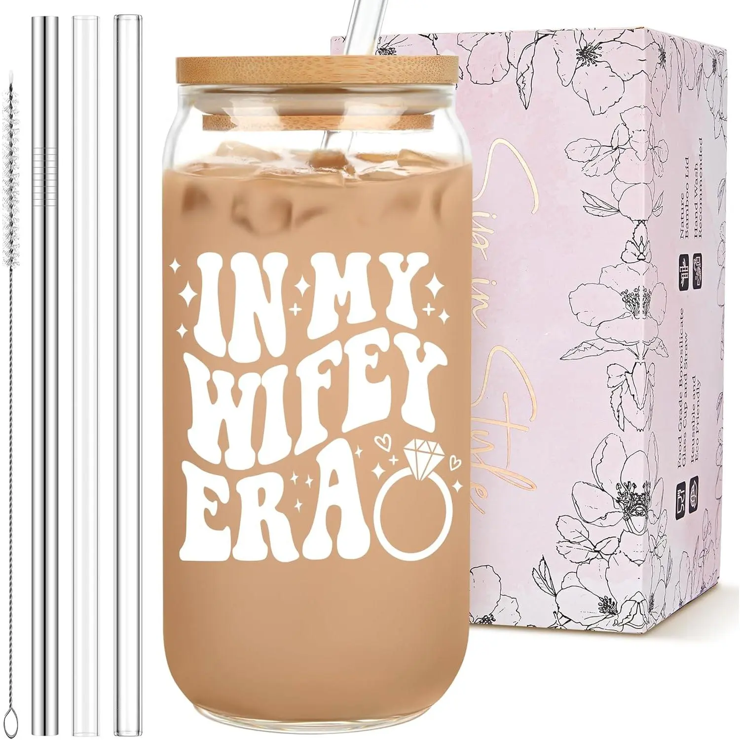 "In My Wifey Era" Glass Tumbler - Bridal Shower Gift for Bride-to-Be, Washable, Portable, Reusable, Stylish Home & Party Drinkware
