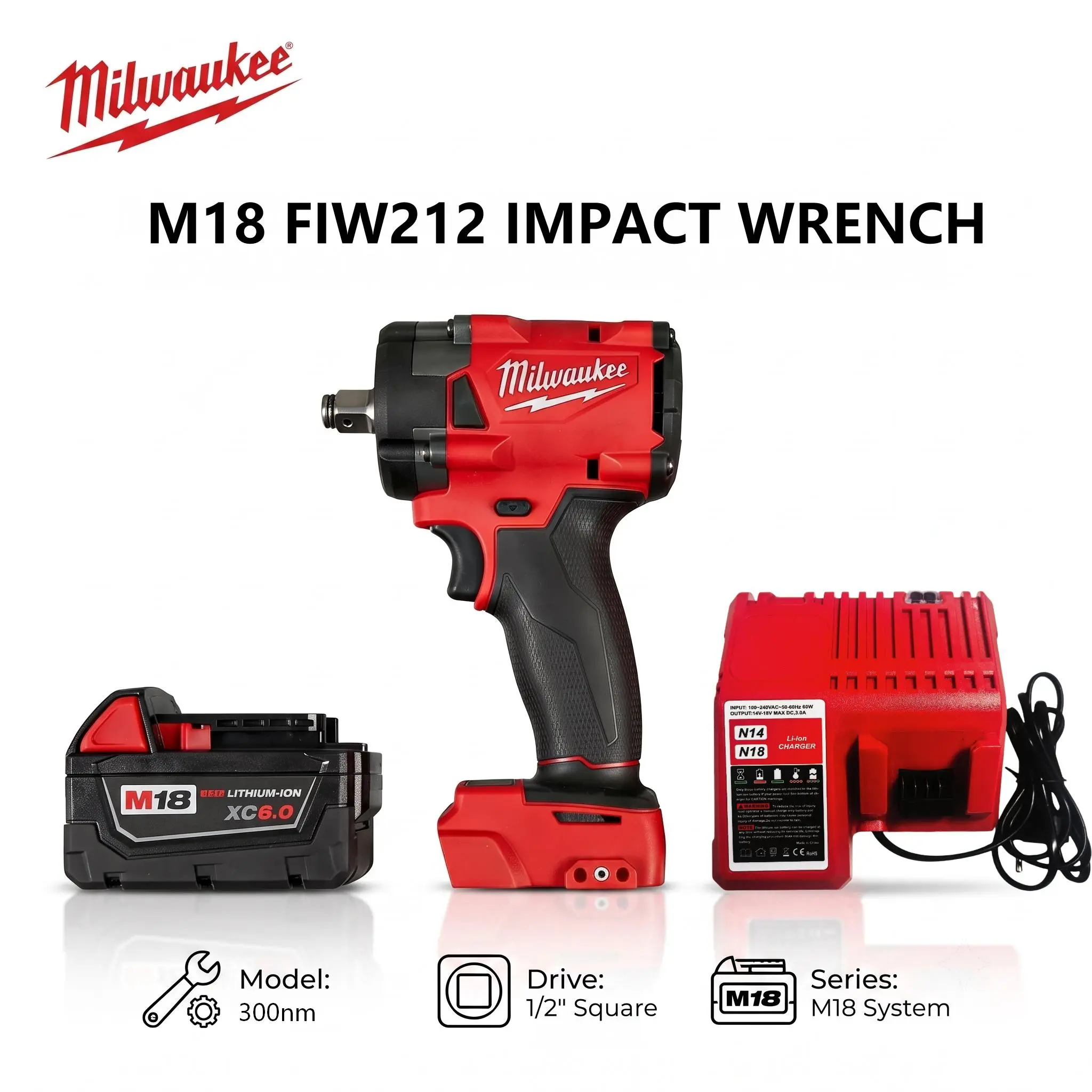 Milwaukee M18 FIW212 18V Cordless Impact Wrench Work Tool - 1/2 in Square Drive, 300Nm Torque, 4 Adjustable No-load Variable Speed, Variable IPM Impact Rate, Compact Lightweight for Mechanical Repair, Steel Fastening, Work Tools high power brushless