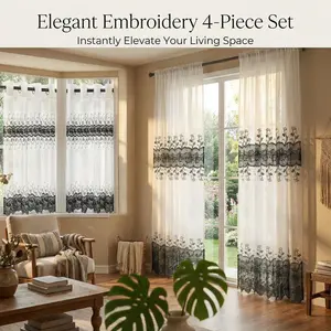 Window Wear 4 Panels 52x84+52x60 inches Embroidered Water-Soluble Hollowed-Out Curtain Customization Package. 2 pieces are long water-soluble embroidered curtains with rods, and 2 pieces are short water-soluble kitchen curtains with loops. FT555+SR122