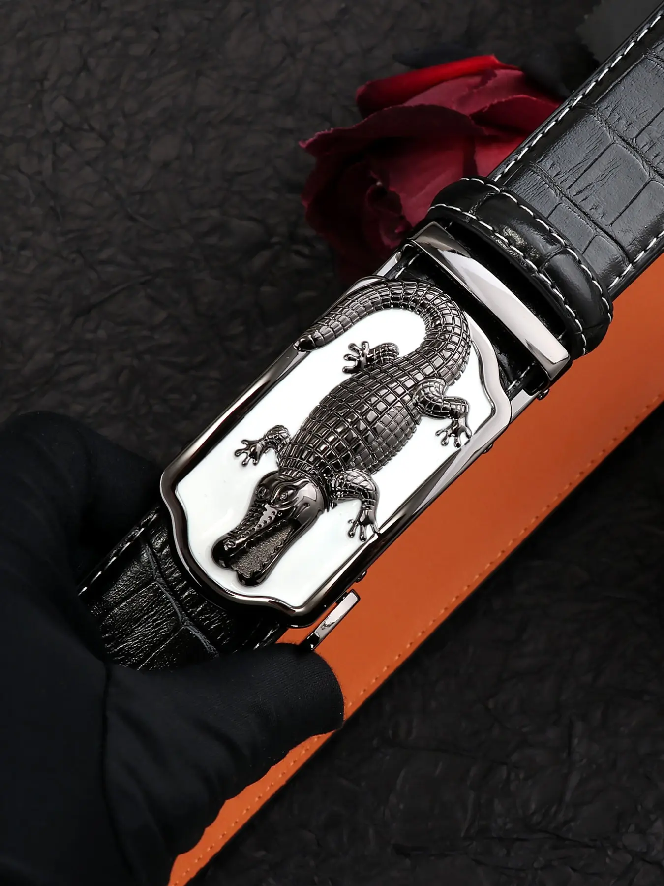 High-End Business Men's Leather Belt, Crocodile Texture Automatic Buckle Waistband, Premium Quality Casual Pants Strap, Premium Belts, Belt with Buckle