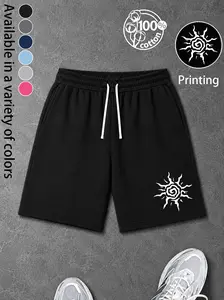 Unisex 100% cotton casual athletic shorts featuring a spiral sun pattern print, drawstring elastic waistband, and side pockets. Available in multiple colors; soft and breathable for summer, suitable for gym workouts, running, casual wear, and everyday use