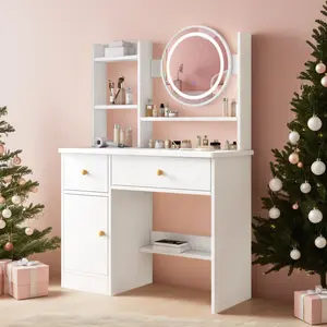 Small Dressing Table, Makeup Table with Drawers, Vanity Deskwith Mirror and LED Lights,3 Lighting Modes,Multifunctional Makeup Writing Desk for Bedroom, Easy Assembly, White
