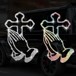Glitter Praying Hands Cross Car Sticker — Sparkly Christian Jesus Decal, Reflective Religious Auto Decor, Waterproof Vinyl Exterior Styling for Women, Spiritual Faith Graphics for Window & Bumper