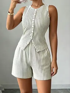 2-Piece Set Round Neck Sleeveless Buttoned Fitted Tank Top Striped T-Shirt + Elastic Waist Shorts Home, Comfortable Casual Wear Casual Matching Set Womenswear
