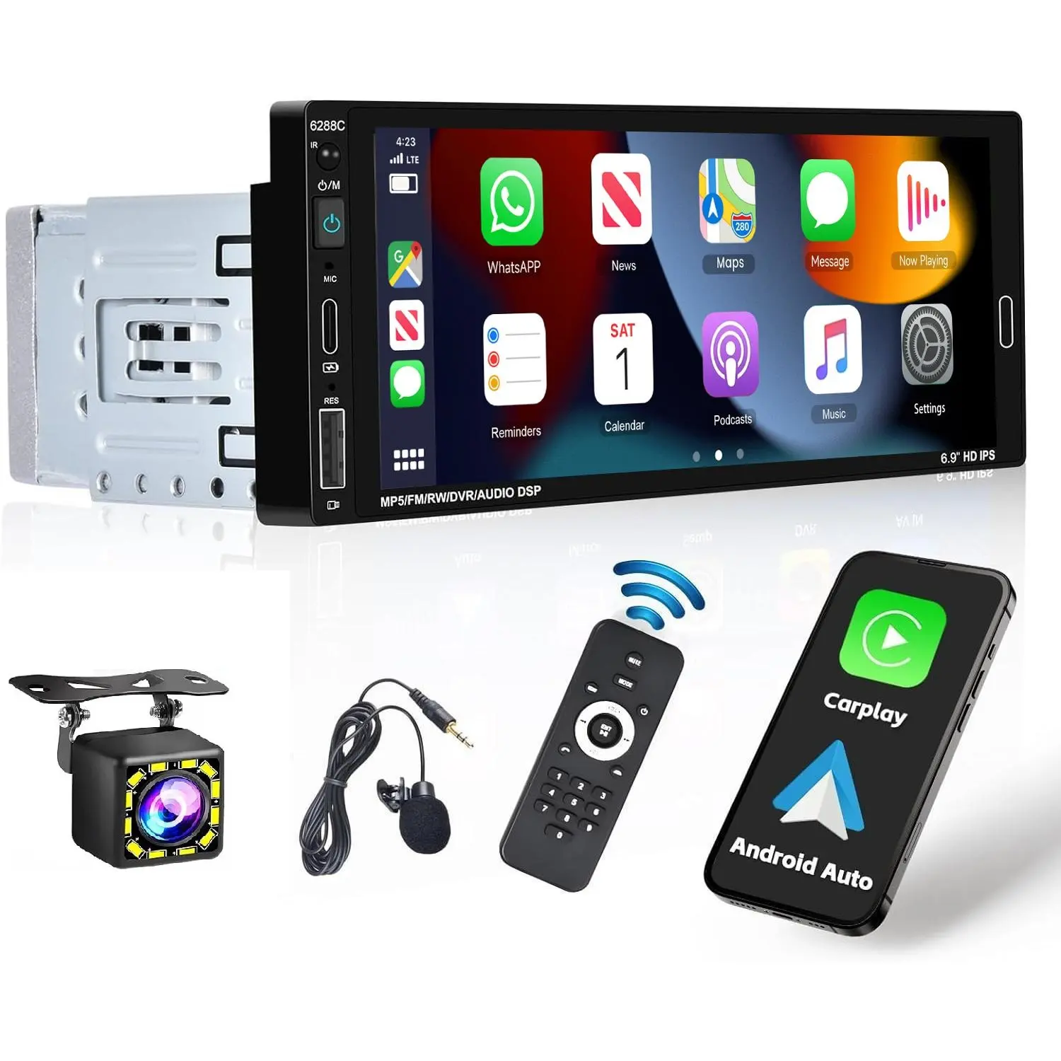 6.9 Inch Wireless Carplay Android Auto Car Stereo Single Din Touch Screen Car Radio with Bluetooth 5.0 Support Android Auto Mirror Link FM EQ SWC, Car Audio Receiver with USB/SWC/MIC/AUX-in,SummerVibes