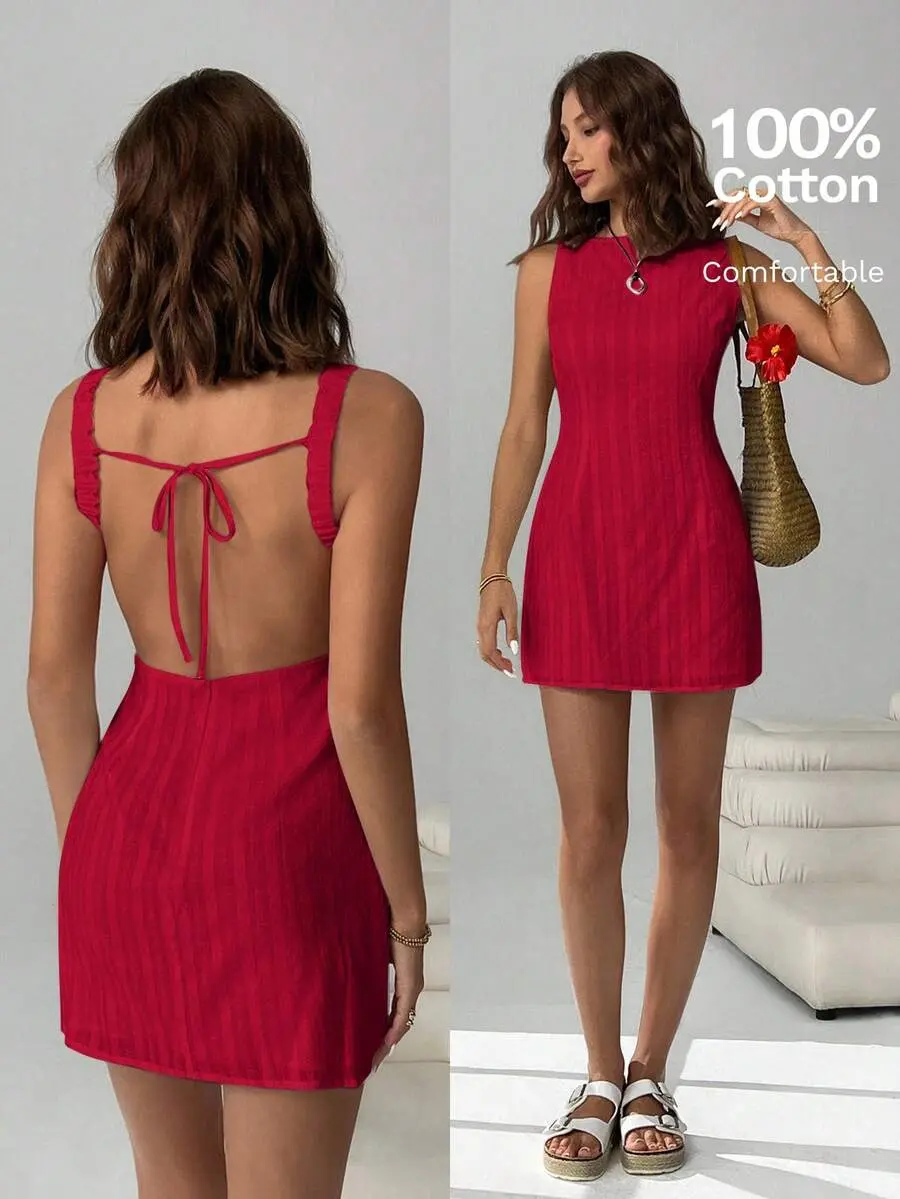 LUNA LAYER Womens Rose Red Sleeveless Mini Dress Open Back High Waist Fitted Casual Summer Tank Dress