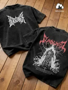 Men's Loose Death Metal Print T-Shirt, Dual-Sided Warrior Font & Dark Knight Lightning Pattern, Vintage Washed Cotton Casual Top, Streetwear