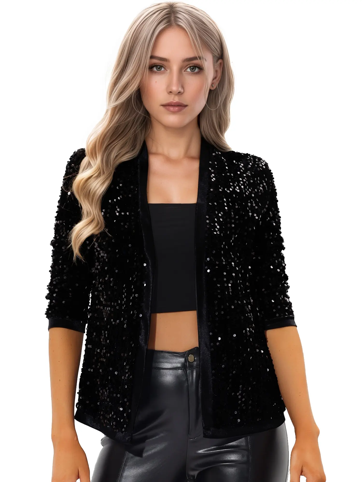 INSPIRE CHIC Sequin Cardigan 3/4 Sleeve Open Front Party Velvet Sequin Jackets INSPIRE CHIC Sequin Cardigan 3/4 Sleeve Open Front Party Velvet Sequin Jackets