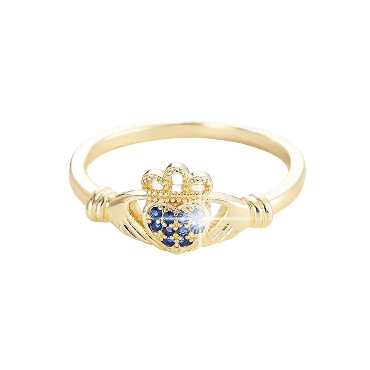 Women's Gold Plated Claddagh Ring - Blue CZ Heart Crown Promise Ring, Gold-Tone Statement, Heart-Shaped Metallic, Ornate Romantic Engagement Jewelry, Gold-Tone Statement Rings, Heart-Shaped Metallic Rings