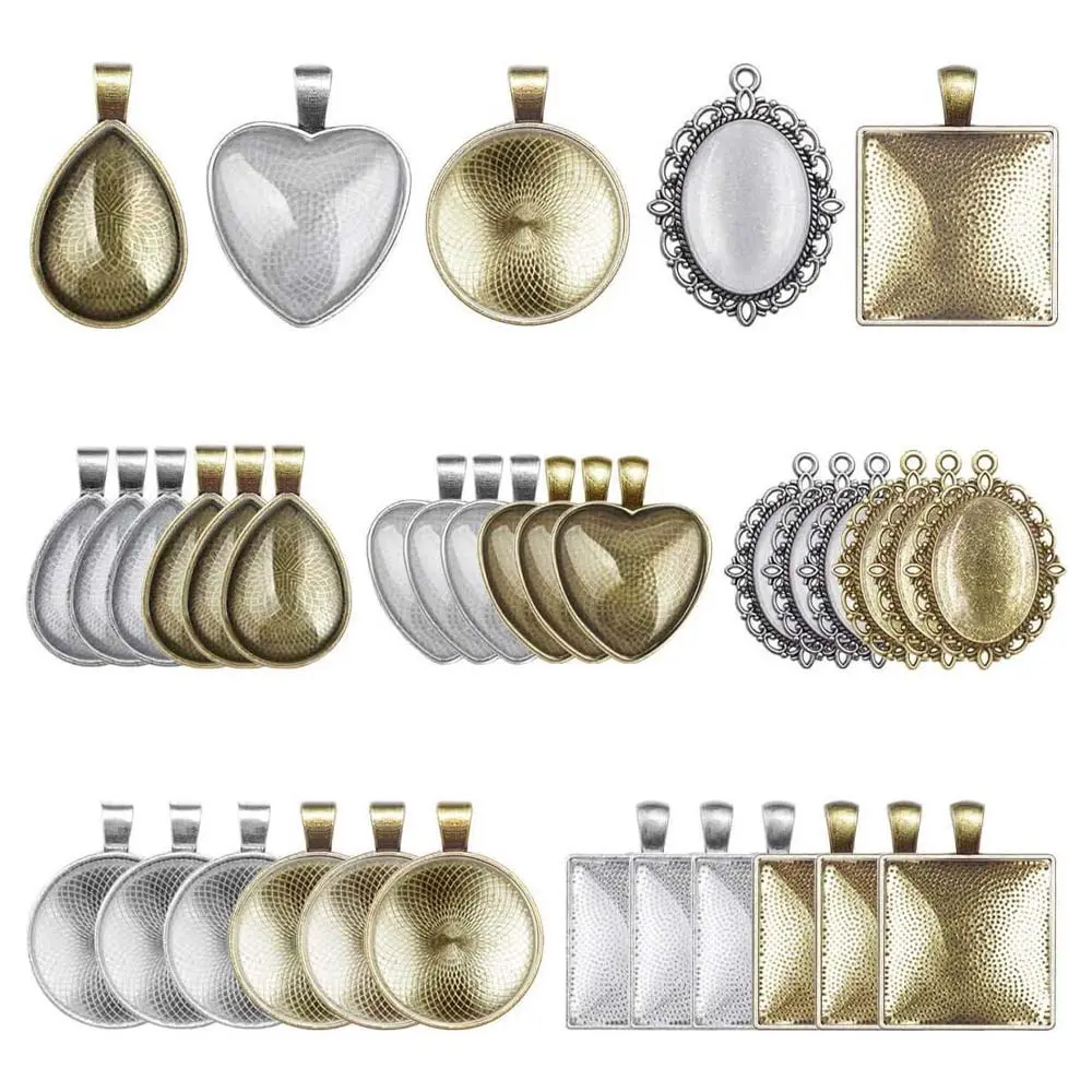 60Pcs/Set Pendant Trays,5 Styles Bezel Pendant Trays Blanks with Glass Cabochons for Pendants Making and Jewelry Making,Halloween Christmas Party Gifts,DIY Hand Tools Kits,Summervibes