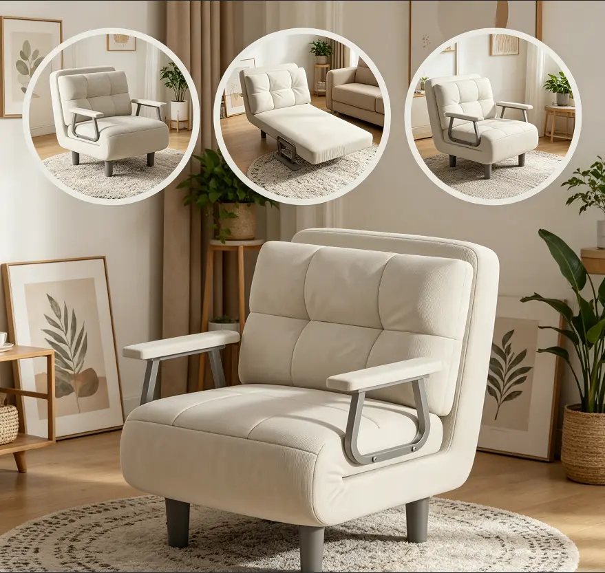 Soft 3-in-1 Convertible Corduroy Sleeper Chair Bed - 5-Position Recliner Armchair with Adaptability & Easy Storage for Small Spaces, Visitor Guest Use in Apartment & Home Office (summergarden) Foldable Reclining Beige Chaise Lounge Durable Seating Modern,
