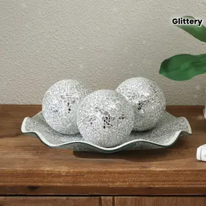 Glittery Teal & Black Mosaic Glass 4pcs Decorative Sphere Set - Wave-Edge Plate for Living Room, Study, or Hotel Lobby Display