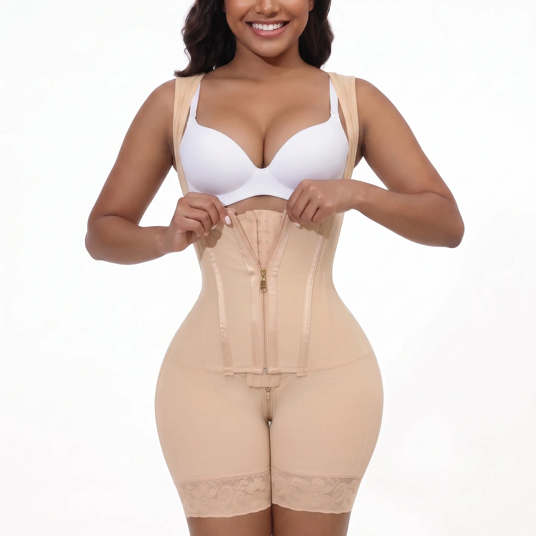 Women's Solid Color Zipper Corset Shapewear Romper, Tummy Control Shaper, Highwaist Girdle hook closure curves he body compression faja bbl Womenswear body shapewear faja snowy pad firming shape thigh Basic Minimalist body shapewear fajas body shaper high