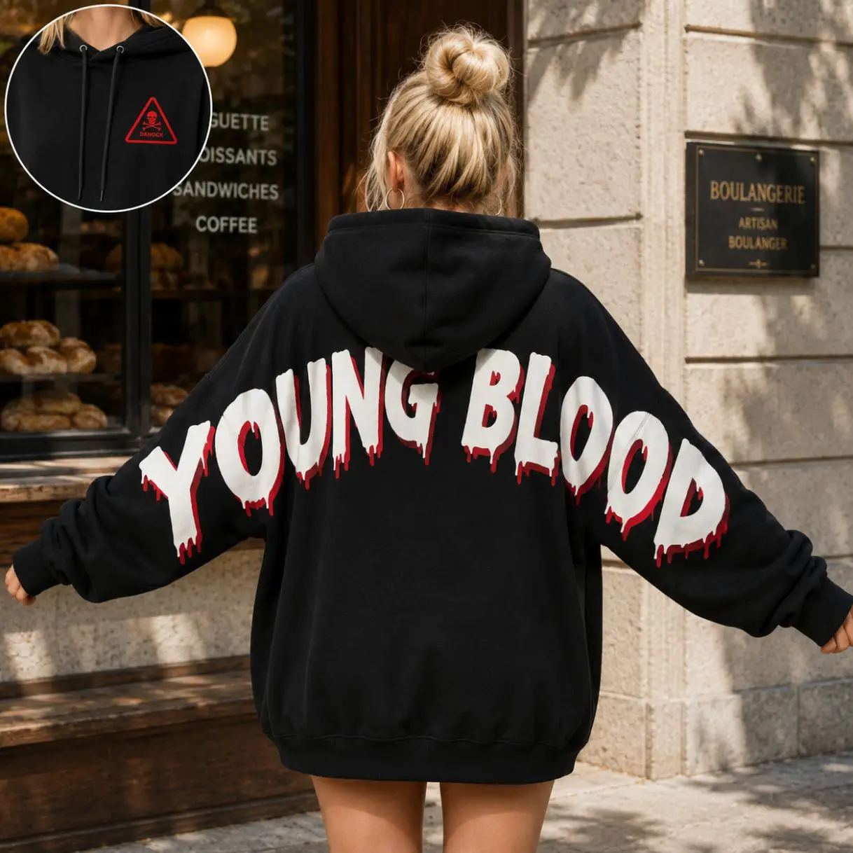 Retro Young Blood Shoulder-to-Shoulder Back Lettering Sweatshirt Hoodie, Gothic Halloween Pullover, Spooky Streetwear for Women & Men