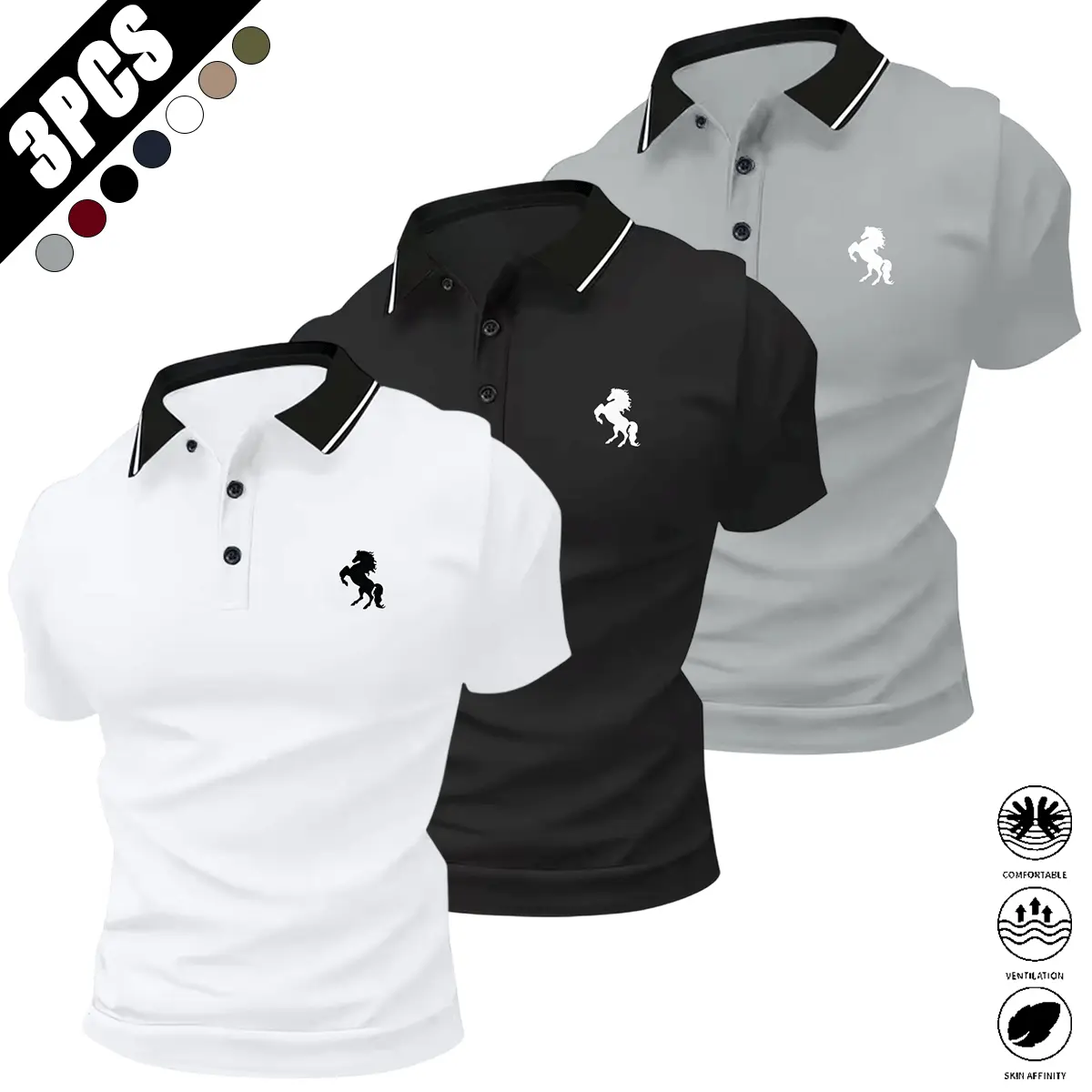 3-pack men’s short-sleeve breathable quick-dry golf shirts, men’s running sports T-shirts, gym workout T-shirts, polo shirts, Father’s Day gift, gift for him, back to school Menswear Shortsleeve