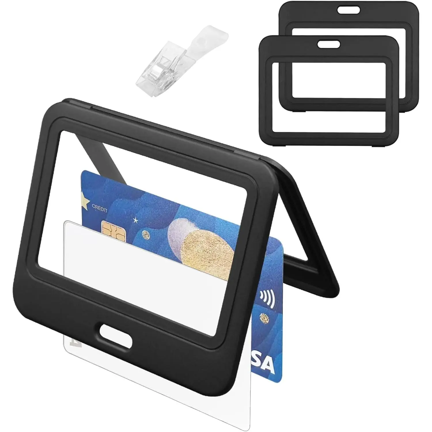 ID Badge Holder with Plastic Clip, Double-Sided Transparent Windows Horizontal Hard Black Plastic Case  Card Holder for Office School ID Credit Cards Exhibition Cards Passes,3pack