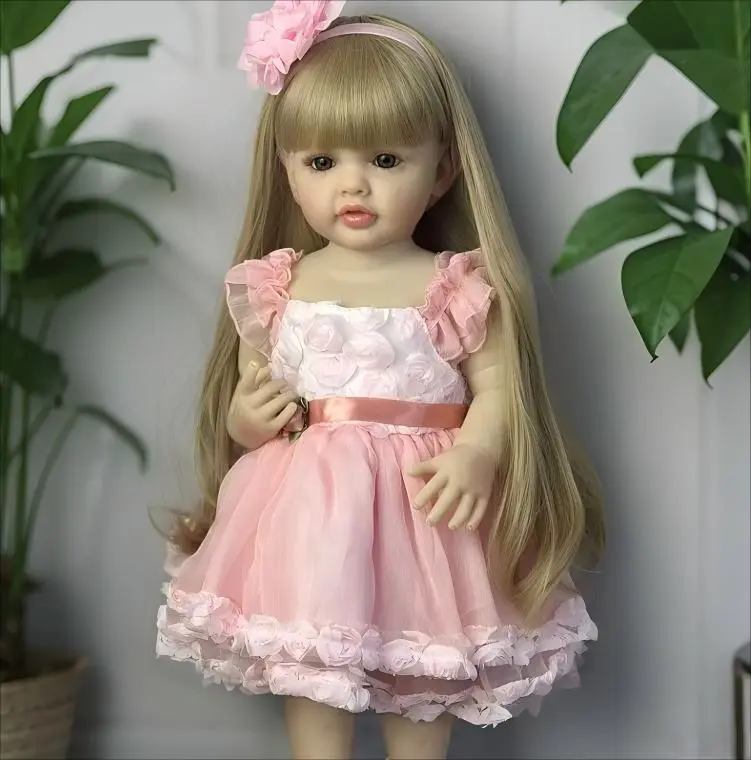 Reborn Toddler Baby Dolls Full Vinyl Body 22 Inch Lifelike Reborn Baby Doll with Long Hair Anatomically Correct Realistic Newborn Toddler Girl Dolls
