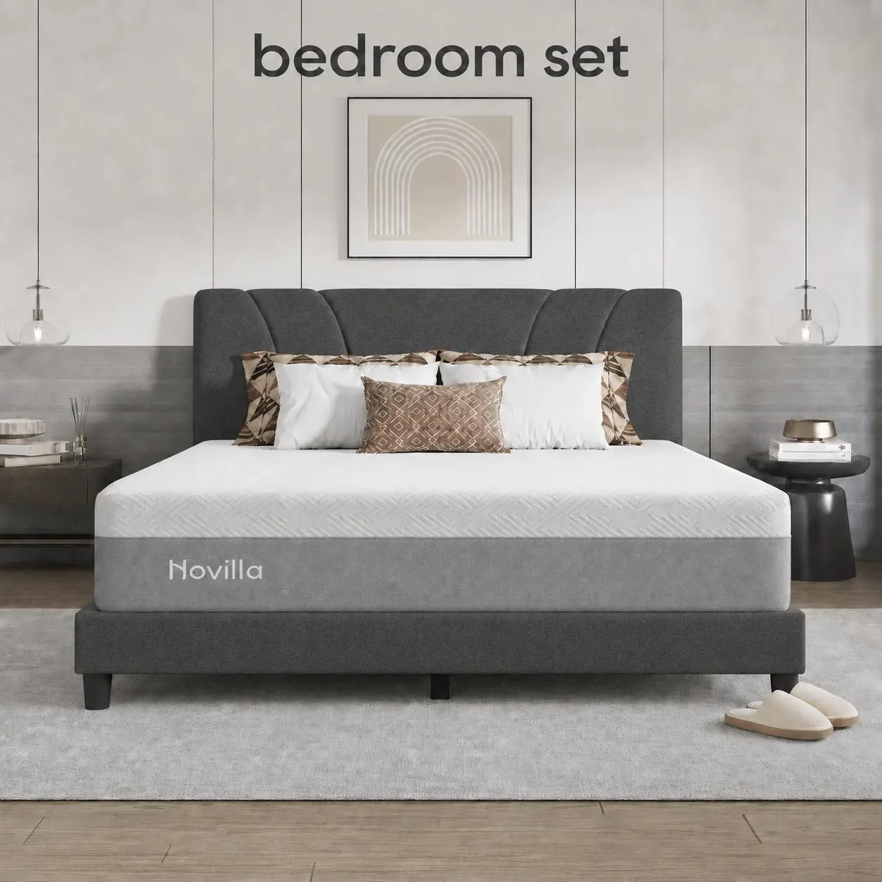 [2 Packages Shipping]Novilla Sleep Bundle 2-piece bedroom set: 12" Cooling Gel Mattress + Upholstered Bed Frame,Back To School