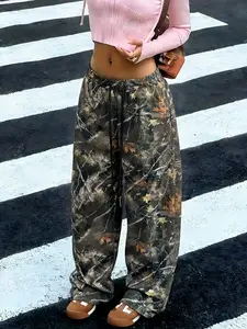 Women's Camo Print Drawstring Loose Long Pants, Comfortable Waist, Wide Leg, Casual Style, Perfect for Daily and Photoshoots
