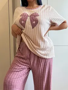 Butterfly Knot Embroidery Print Fashion Set, Casual Fitted Comfortablepajamas Home Wear, Stylish Loungewear Nightwear for Women, Womenswear, Perfect for Daily Use