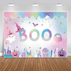 Halloween Boo Party Backdrop Banner Pastel Pink Blue Purple Golden White Black Spooky Ghosts Pumpkins Bats Webs Durable Polyester No Electricity Needed Easy Hang for Birthday Halloween Indoor Outdoor Decor Ornaments Hanging Decoration
