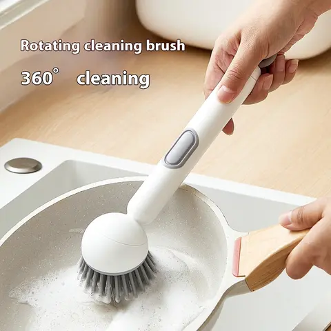 6-in-1 ABS Dish Brush with Leak-proof Soap Dispenser, Adjustable Angle, Rotatable Scrub Function, Wall Mount - Includes Scouring Pad, Soft Bristles Lift Stubborn Stains, Rinse & Drain Clean for Sink, Pots