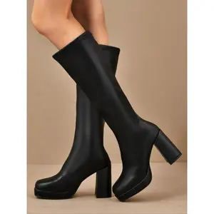 New Vintage Chelsea Knight Boots, High Heel Thick Sole Premium PU Leather, Easy to Clean, Stylish and Comfortable Footwear, Casual Warm Boots