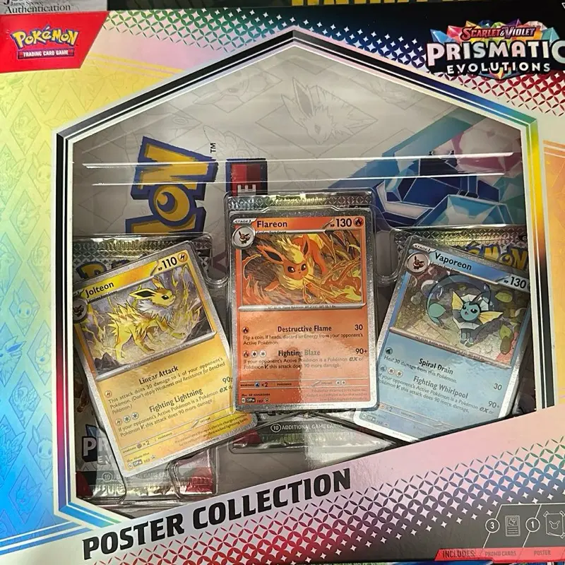 Pokémon Scarlet and Violet Prismatic Evolutions Poster Collection Featuring Flareon Jolteon & Vaporeon Cards