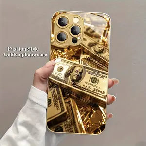 High-End Light Luxury Fashion Elegant Gold Metal Paint Tempered Glass Phone Case with Lens Protection, Suitable for iPhone 16/15/14/13/12/11/XS/XR/X/Pro/Plus/Pro Max, Anti-Stain Design, Trendy Style, Supports Over 15 Models, Anti-Stain Protective Case, Da