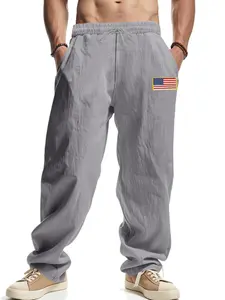 Men's Linen Casual Pants, American Hip-Hop Style, Loose-Fitting Wide Leggings, All Seasons Wear, Independence Day Flag Pattern