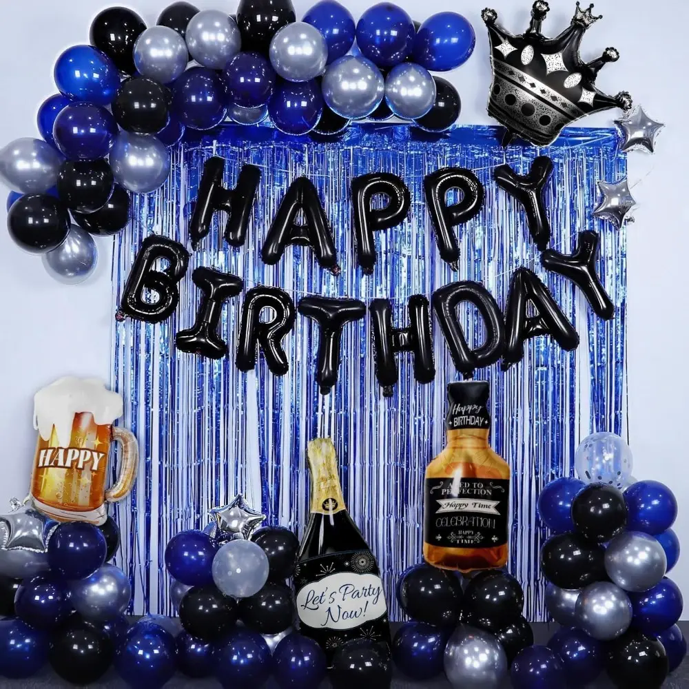 Men's Blue and Black Birthday Decor Kit - Garland, 16in Letter Balloons (Multi-Size Latex/Foil Burst-Proof Assortment), Banner, Fringe Curtains, Ribbons, 100 Stick-On Dots, Reusable Party Supplies for 21st,25th,30th Birthdays