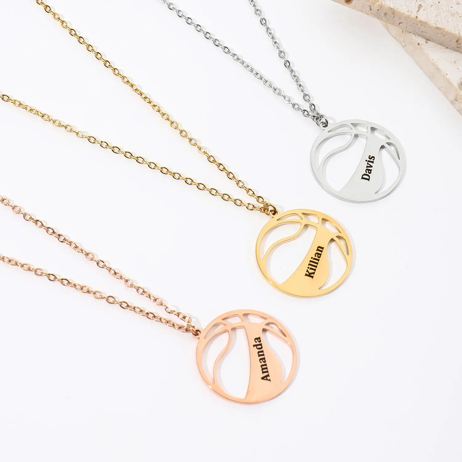 AS177 Personalized Custom Engraving Name Hollow Basketball Pendant Sports Style Basketball Stainless Steel Necklace