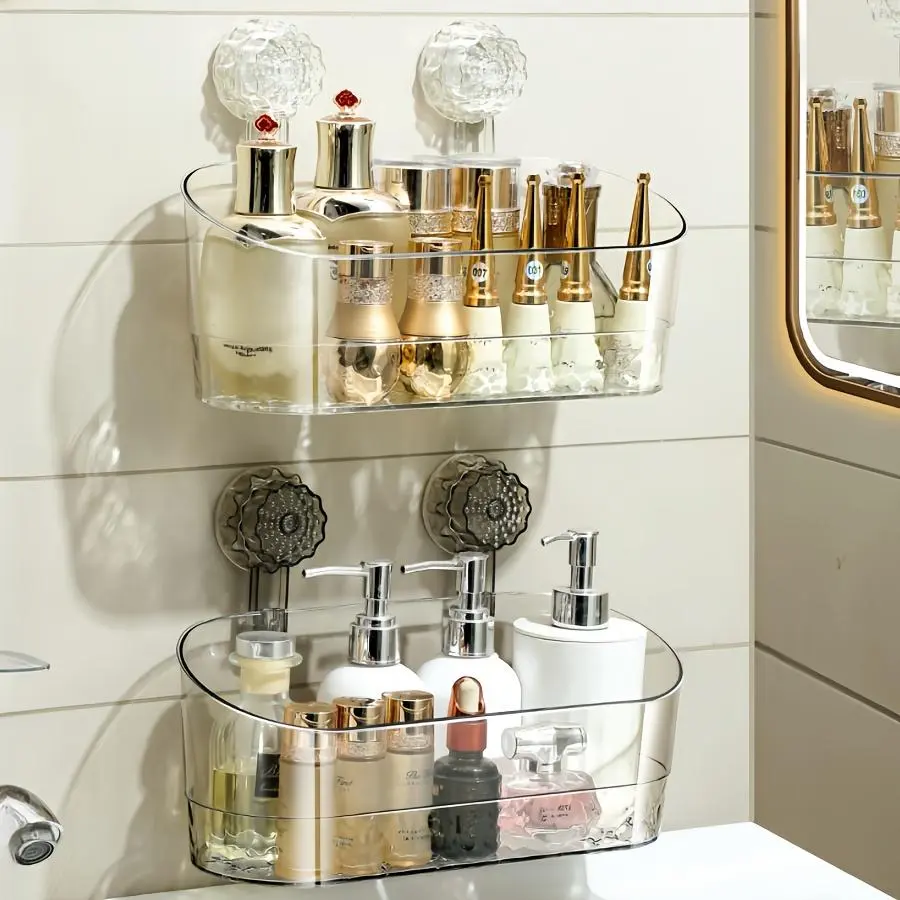 1pc Large Capacity Transparent Bathroom Suction Cup Storage Rack, Oval-Shaped Wall-Mounted Organizer for Bathroom, Multifunctional Shower Caddy for Shampoo, Suitable for Cosmetics Storage, Kitchen Organization, Living Room Clutter Storage