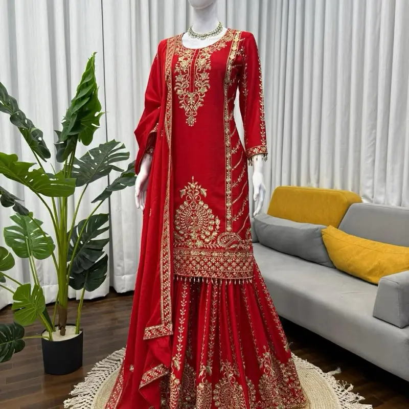 Red Chinnon Silk Party Wear Garara Set Soft Comfortable with Intricate Gold Embroidery and Flowing Design