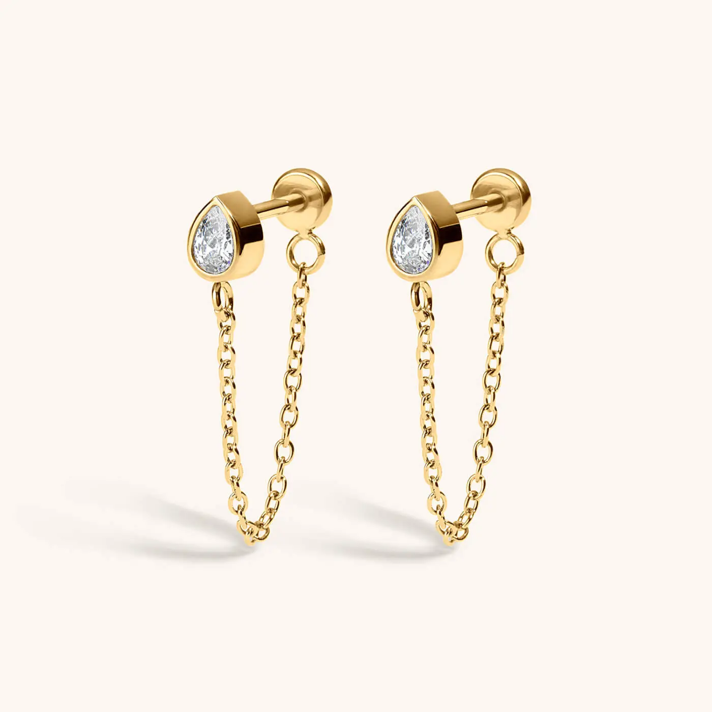 Women's Bezel-Set Pear Cut Gem Drop Earrings, Lightweight 30mm Bezel Pear Chain Costume Jewelry with 20g Post for Casual Wear, Titanium Chain Link