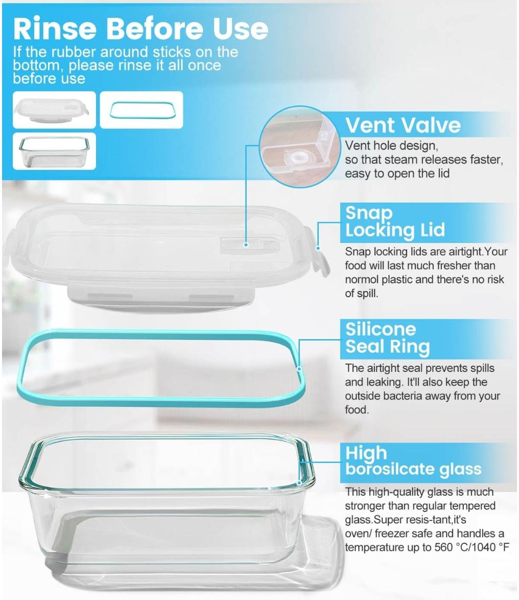 18-Pack Square & Rectangle Glass Food Containers with Black & Blue Airtight Lids Leakproof BPA-Free Microwave Safe for Kitchen Organization & Meal Prep